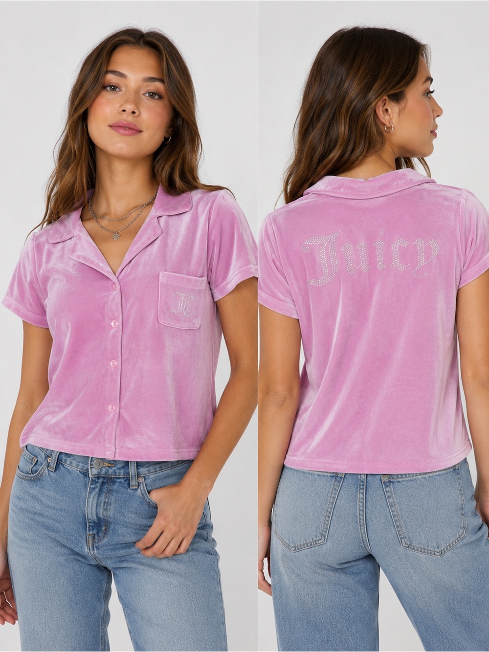 Juicy Couture Women’s L Velour Button Up Sleep Shirt Rhinestone Bling Pink Top
